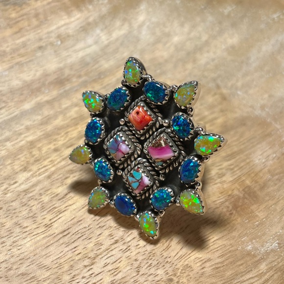 NWOT Handmade Sterling Silver Spiny Oyster & Opal Cluster Adjustable Ring - Picture 3 of 12